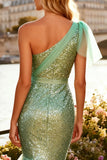 One Shoulder Sequin Sage Green Tulle Mermaid Prom Dress