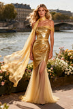 Gold Strapless Sequin Mermaid Prom Dress With Slit