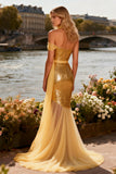 Gold Strapless Sequin Mermaid Prom Dress With Slit