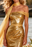Gold Strapless Sequin Mermaid Prom Dress With Slit