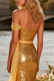 Gold Strapless Sequin Mermaid Prom Dress With Slit
