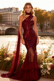 Burgundy Mermaid Sequin Spaghetti Straps Prom Dress With Sash