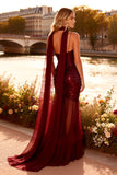 Burgundy Mermaid Sequin Spaghetti Straps Prom Dress With Sash