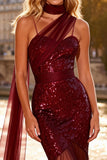 Burgundy Mermaid Sequin Spaghetti Straps Prom Dress With Sash