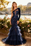 Sparkly Navy Mermaid One Shoulder Prom Dress With Ruffles