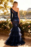 Sparkly Navy Mermaid One Shoulder Prom Dress With Ruffles
