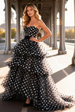 Strapless Black and White A-Line Polka Dot Prom Dress With Ruffles
