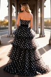 Strapless Black and White A-Line Polka Dot Prom Dress With Ruffles