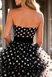 Strapless Black and White A-Line Polka Dot Prom Dress With Ruffles