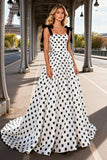 White Black Dot A-Line Satin Maxi Prom Dress