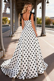 White Black Dot A-Line Satin Maxi Prom Dress
