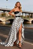Strapless A-Line White Black Dot Prom Dress With Slit