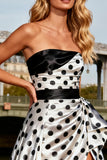 Strapless A-Line White Black Dot Prom Dress With Slit