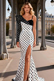 Mermaid White Black Dot Asymmetrical Neck Prom Dress With Slit