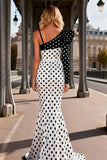 Mermaid White Black Dot Asymmetrical Neck Prom Dress With Slit