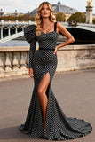 Black White Polka Dot Mermaid Satin Prom Dress With Slit