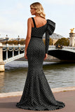 Black White Polka Dot Mermaid Satin Prom Dress With Slit