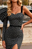 Black White Polka Dot Mermaid Satin Prom Dress With Slit