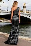 One Shoulder Sheath Black White Dot Prom Dress With Slit