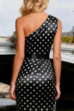 One Shoulder Sheath Black White Dot Prom Dress With Slit
