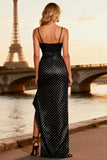 Black Sheath Spaghetti Straps Polka Dot Prom Dress With Slit