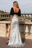 Black and White Mermaid Polka Dots Short Sleeves Prom Dress With Slit