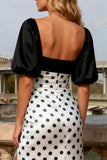 Black and White Mermaid Polka Dots Short Sleeves Prom Dress With Slit