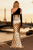 One Shoulder Mermaid Black and Champagne Polka Dots Prom Dress