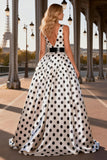 Princess White Black Dot V-Neck Maxi Prom Dress With Slit