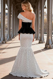 White Black Dot Mermaid One Shoulder Maxi Prom Dress