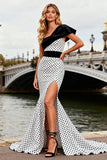 Mermaid One Shoulder White Black Dot Maxi Prom Dress With Slit
