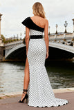Mermaid One Shoulder White Black Dot Maxi Prom Dress With Slit