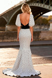 Mermaid White Black Dot Cut Out Short Sleeves Prom Dress With Slit