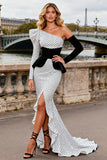 One Shoulder White and Black Mermaid Polka Dots Maxi Prom Dress With Slit