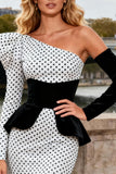 One Shoulder White and Black Mermaid Polka Dots Maxi Prom Dress With Slit