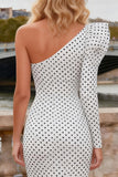One Shoulder White and Black Mermaid Polka Dots Maxi Prom Dress With Slit