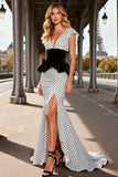 White Black Dot Mermaid V-Neck Convertible Prom Dress With Slit