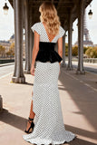 White Black Dot Mermaid V-Neck Convertible Prom Dress With Slit