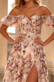 Off the Shoulder Corset Pink Floral A Line Prom Dress