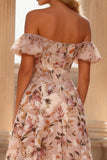 Off the Shoulder Corset Pink Floral A Line Prom Dress