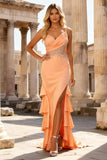 Sparkly Peach Spaghetti Straps Prom Dress with Ruffles