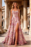 Sparkly Pink Floral Beaded A Line Corset Prom Dress