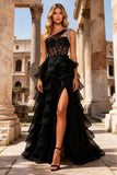 Black One Shoulder Tiered Lace Prom Dress