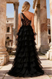 Black One Shoulder Tiered Lace Prom Dress