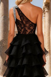 Black One Shoulder Tiered Lace Prom Dress