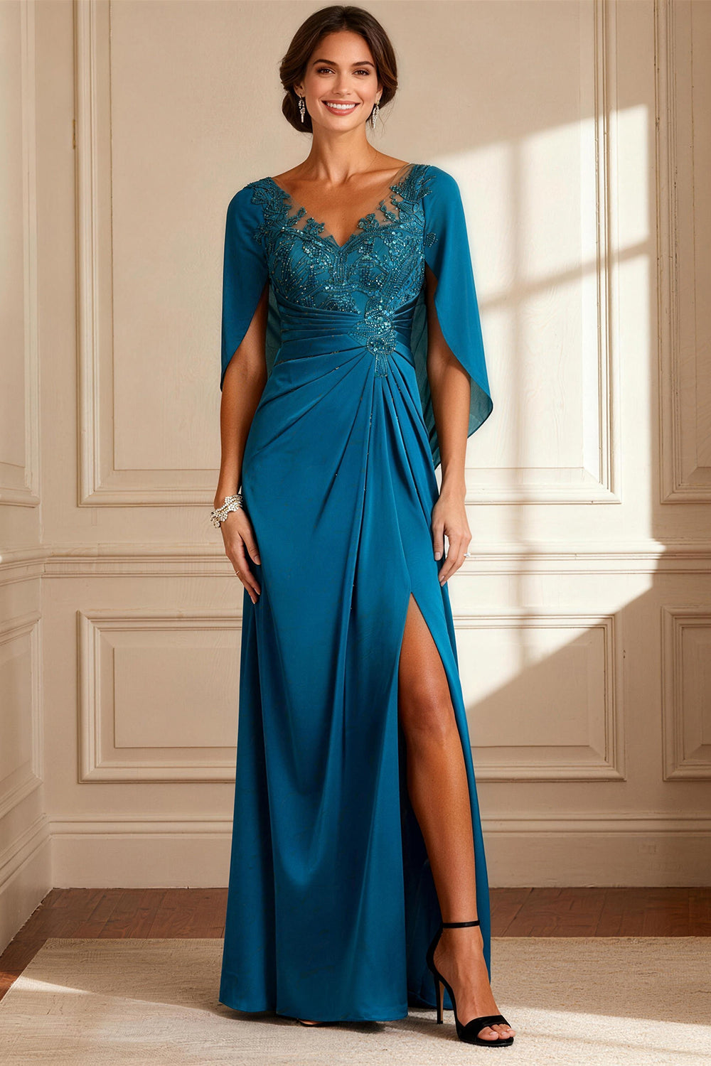 Berylove Women Peacock Blue Ruched Mother of the Bride Dress with Shawl Beaded V Neck Winter Wedding Guest Dress with Slit, Peacock Blue / US2 Berylove Women Peacock Blue Ruched Mother of the Bride Dress with Shawl Beaded V Neck Winter Wedding Guest Dress with Slit, Peacock Blue / US2