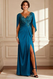 Peacock Blue Ruched Beaded Mother of the Bride Dress with Shawl