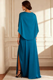 Peacock Blue Ruched Beaded Mother of the Bride Dress with Shawl