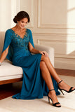Peacock Blue Ruched Beaded Mother of the Bride Dress with Shawl