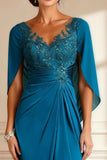 Peacock Blue Ruched Beaded Mother of the Bride Dress with Shawl